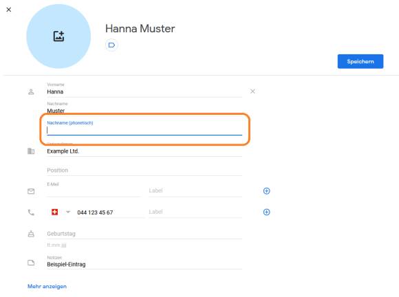 Ein Beispiel-Eintrag in den Google-Kontakten zeigt auch ein Feld "Nachname, phonetisch"