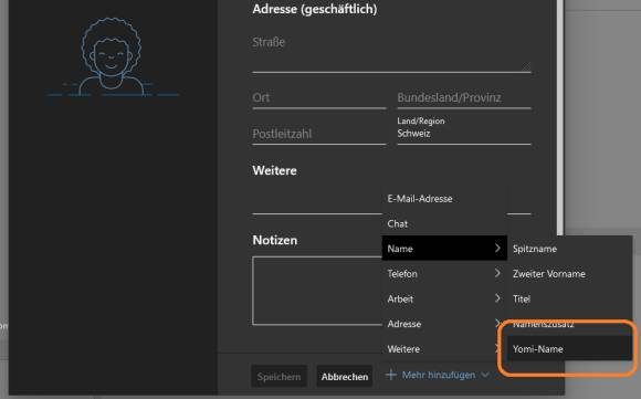 Screenshot aus Outlook im Browser zeigt ein Feld namens "Yomi-Name" 