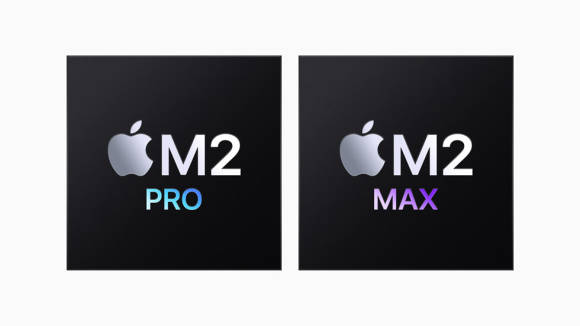 Zwei Kacheln mit Apple-Logo und den Prozessor-Bezeichnungen M2 Pro und M2 Max 