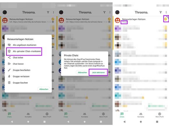 Drei Screenshots nebeneinander zeigen den Weg zur beschriebenen Einstellung 