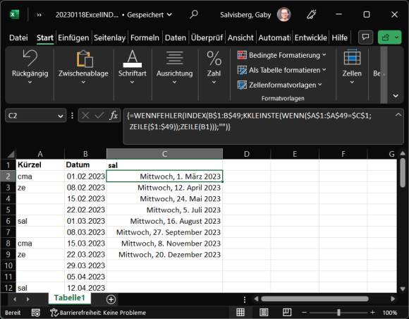 Excel-Screenshot mit den erwähnten Spalten, diesmal mit der Formel