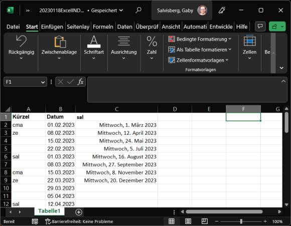 Excel-Screenshots mit den Spalten Kürzel, Kalenderdatum und den Kalenderdaten des Kürzels "sal" 