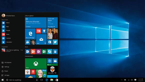 Screenshot eines Windows-10-Desktops mit geöffnetem Startmenü 