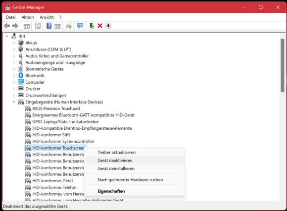 Geräte-Manager mit Kontextmenü und Deaktivieren-Befehl beim Touchscreen