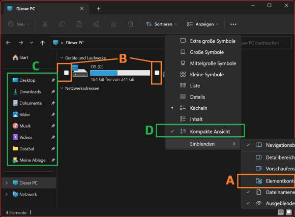 Ein Explorer-Fenster, in dem die Auswirkungen des Tablet-Modus markiert sind 