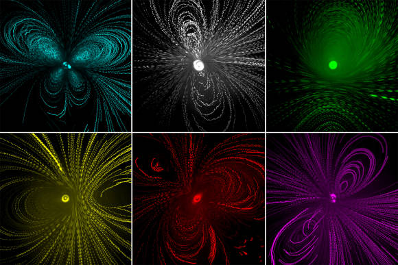 Sechs Wirbelmuster in unterschiedlichen Farben (oben von links nach rechts: blau, weiss, grün; unten von links nach rechts: gelb, rot, magenta)