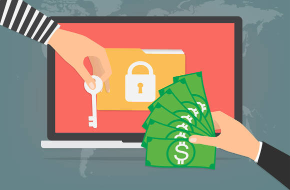 Symbolbild-Computerzeichnung zeigt eine Hand die einem Cyberkriminellen einige Dollar-Noten hinstreckt 