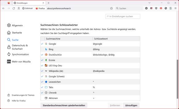 Die Firefox-Einstellungen zur Suchmaschine