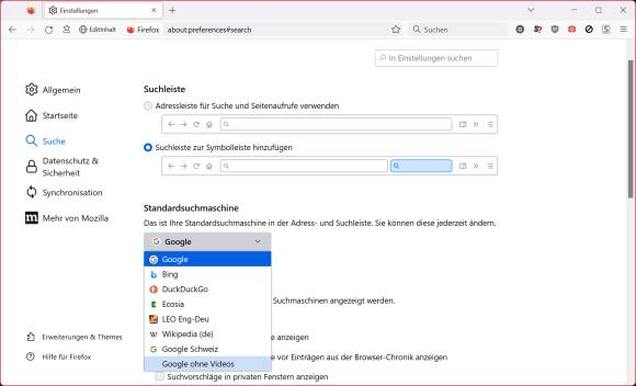 Auswahl der Standardsuchmaschine im Firefox