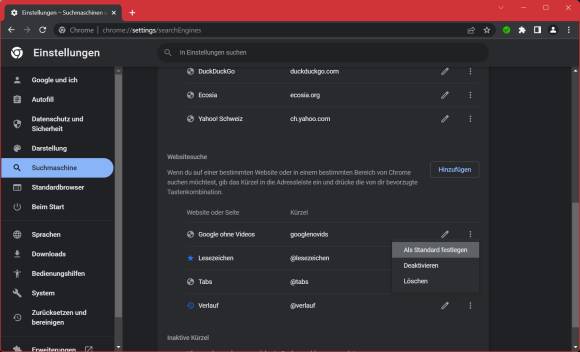 Die Suchmaschinen-Einstellungen von Chrome, mit der Option "Als Standard festlegen"