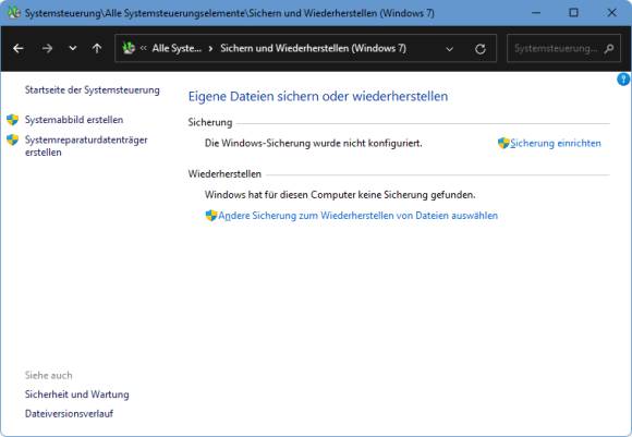 Screenshot der alten Systemabbild-Funktion von Windows