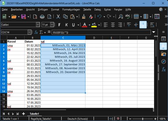 LibreOffice Calc zeigt jetzt die gesuchten Kalenderdaten korrekt an