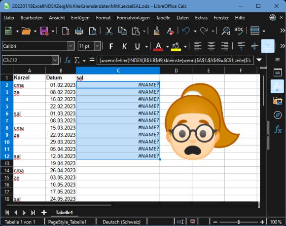 Tabelle mit Fehlermeldungen in einer Spalte, daneben ein Emoji mit erschrockenem Gesichtsausdruck 