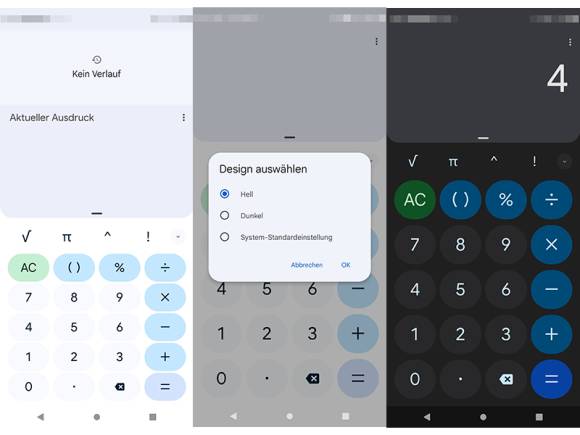 Drei Screenshots nebeneinander zeigen verschiedene Designs des Taschenrechners 