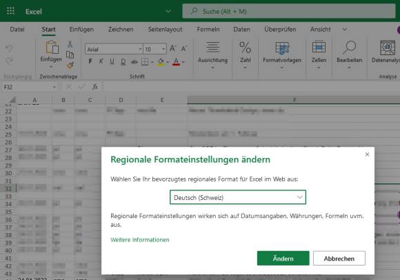 Screenshot der Sprachauswahl in Excel Online