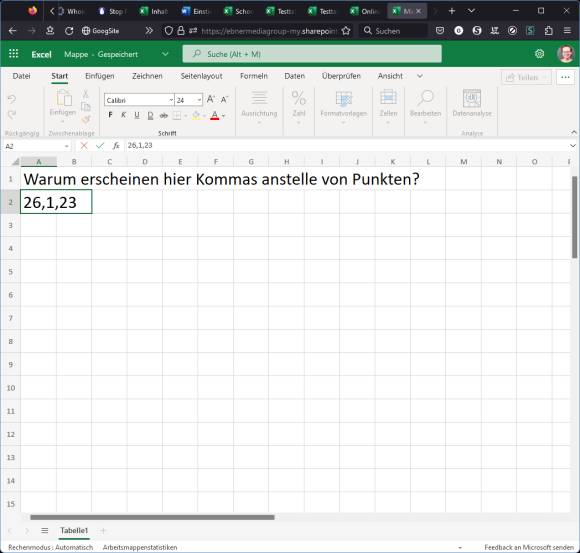 Excel im Browser: Die Datumseingabe enthält Kommas statt Punkten 