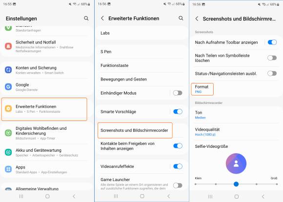 Drei Screenshots nebeneinander zeigen den Weg zur Einstellung
