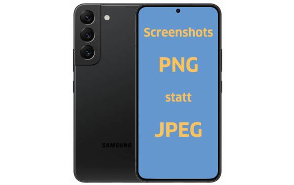 Ein Samsung-Smartphone. Auf seinem Display steht "PNG statt JPEG" 