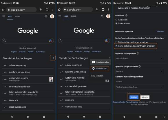 Screenshots zeigen den Weg zum Deaktivieren der Suchen-Trends