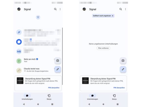 Zwei Screenshots zeigen das Filtern nach ungelesenen Nachrichten 