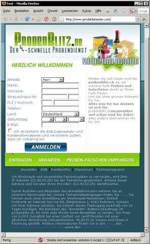 Screenshot der "Probenblitz"-Abofalle