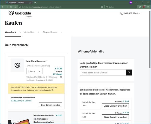 GoDaddy-Screenshot mit gelbem Warnbalken