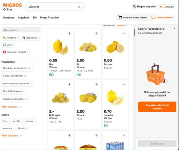 Beispiel von Zitronen-Preisen im Online-Shop der Migros