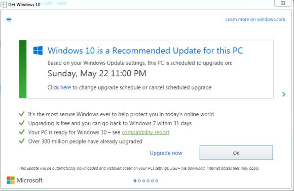 Screenshot aus Windows 7, der ein Windows-10-Upgrade empfiehlt