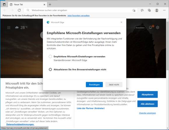 Edge setzt "aktualisieren" mit dem Ändern des Standardbrowsers gleich