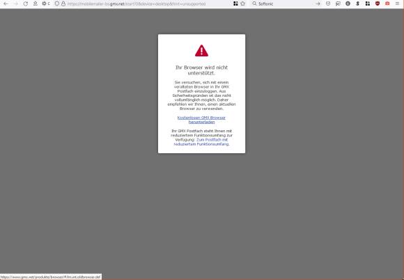Screenshot von GMX, die behauptet, man habe keinen aktuellen Browser