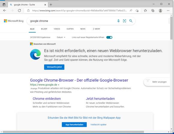 Edge warnt Sie vor Download eines anderen Browsers