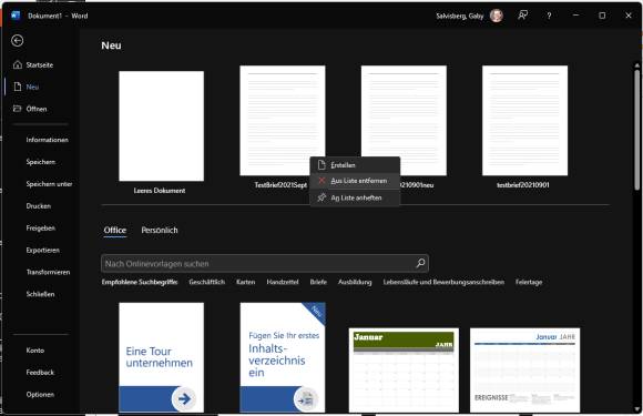 Screenshot zeigt Word-Vorlagen mit einem Kontextmenü und dem Befehl "Aus Vorlagen entfernen"
