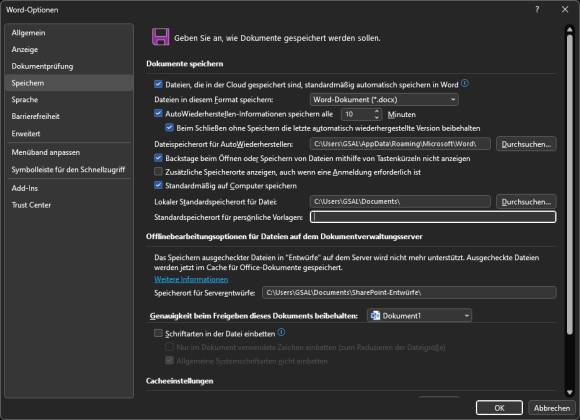 Word-Einstellungen zu den Speicherordnern