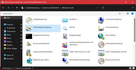 Die Systemsteuerungs-Tools, unter anderem die Datenträgerbereinigung