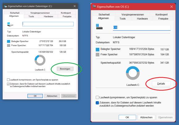 Vergleich der Laufwerks-Eigenschaften: In Windows 10 mit Bereinigen-Button, in Windows 11 heisst er Details 