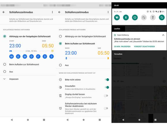 Drei Screenshots nebeneinander zeigen Einstellungen zum "Digital Wellbeing" 