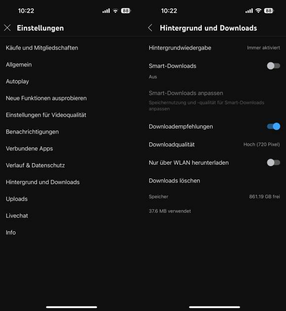 Die Einstellungen zu den Smart-Downloads auf einem Smartphone 