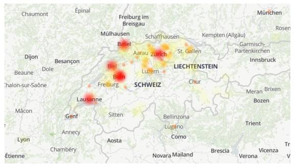 Störungs-Hotspots von Salt auf der Karte von allestörungen.ch 