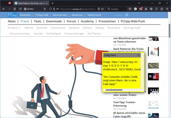 Ein PCtipp-Artikel im Firefox, in einem gelben Fenster ist der Alternativ-Text eingeblendet 