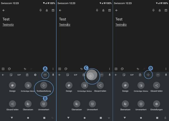 Drei Screenshots nebeneinander zeigen das Öffnen und Anpinnen der Textbearbeitungs-Funktion