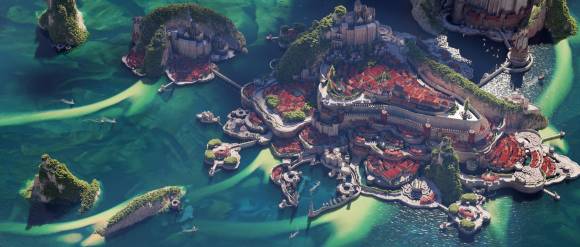 Eine Computergrafik zeigt einen See und ein Schloss auf einer Insel