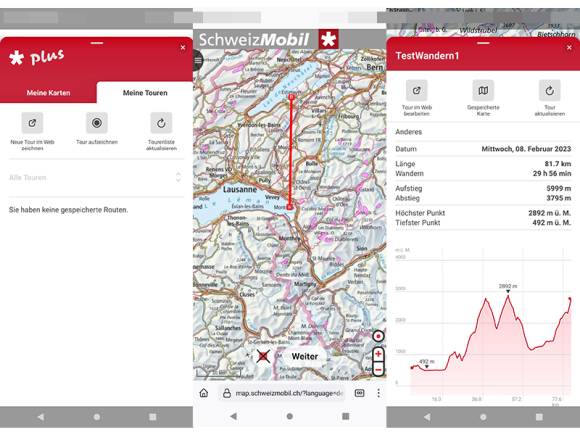Drei Screenshots aus der SchweizMobil-App
