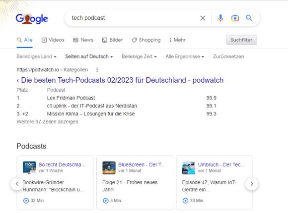 Screenshot zeigt eine Google-Suche nach Podcasts 