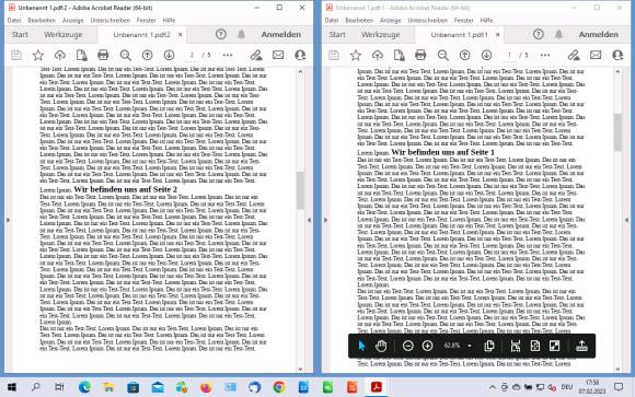 Zwei Fenster desselben Beispiel-PDF-Dokuments nebeneinander 