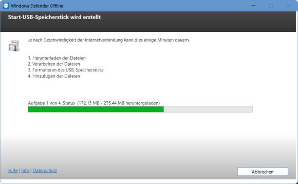 Screenshot zeigt den Fortschritt beim Erstellen des USB-Sticks