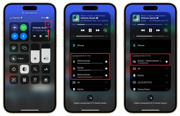 Drei Screenshots zeigen, wie die Audiowiedergabe über AirPlay gesteuert wird