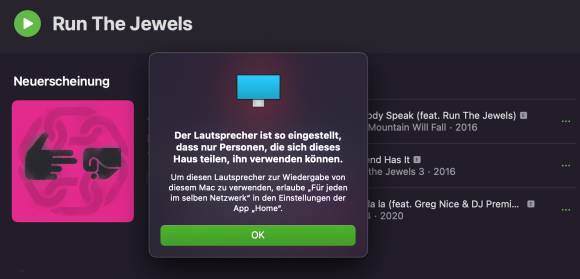 Ein Hinweis am Mac besagt, dass der HomePod nicht  für die Wiedergabe autorisiert ist