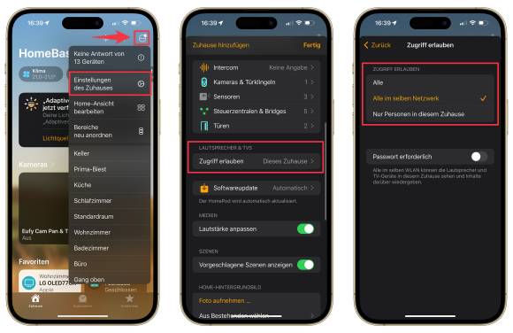 Drei iPhone-Screenshots zeigen, wie der HomePod für alle im selben Netz geöffnet wird