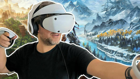 Der Spiele-Tester trägt das Headset und steht in Bogenschiess-Pose