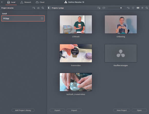 Screenshot zeigt Thumbnails verschiedener Projekte in DaVinci Resolve